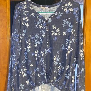 Women’s Long Sleeve Gray/Blue Floral Shirt COMO Vintage Sz XXL